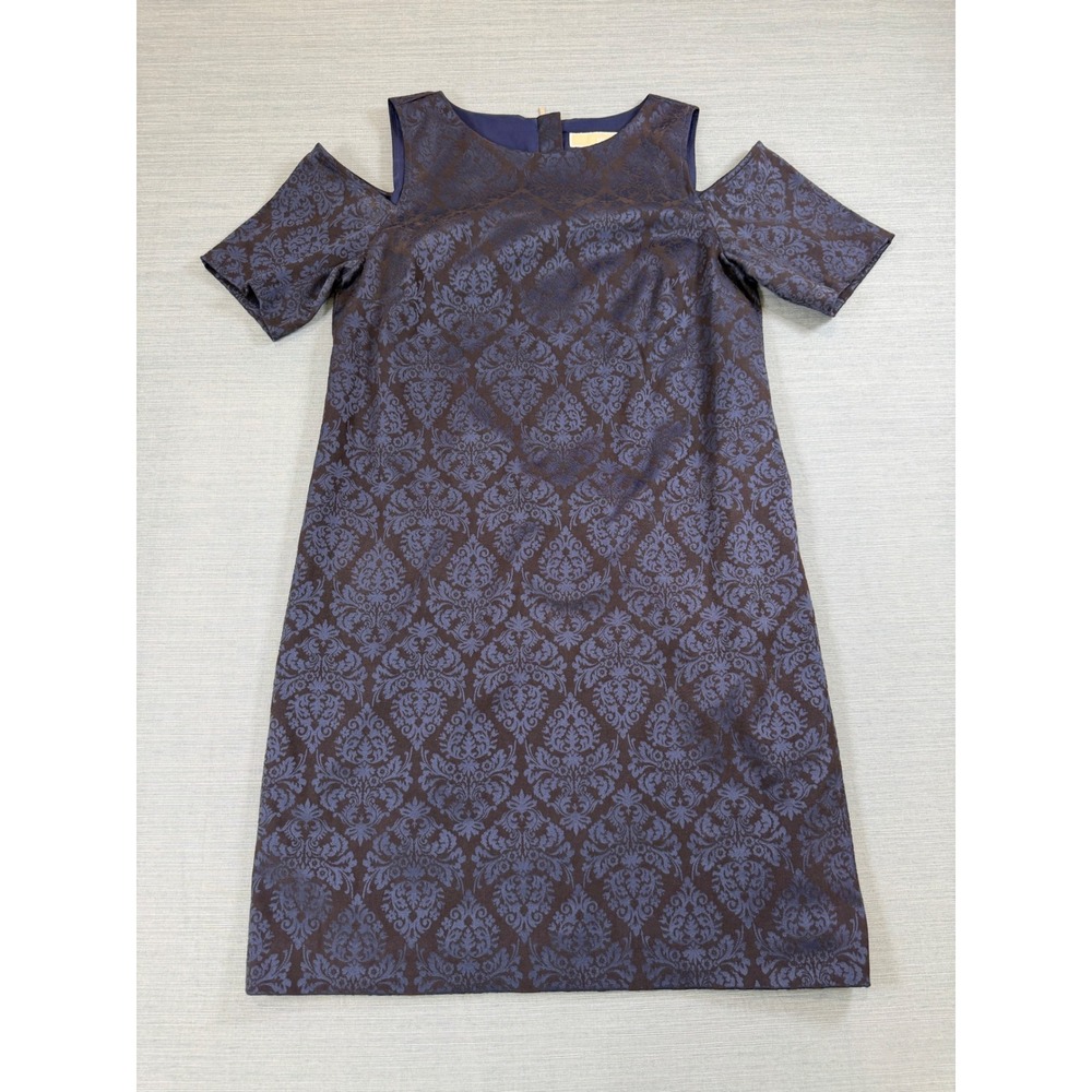 Michael Kors Womens Navy Blue Damask Brocade Cold Shoulder Shift Dress Size 8